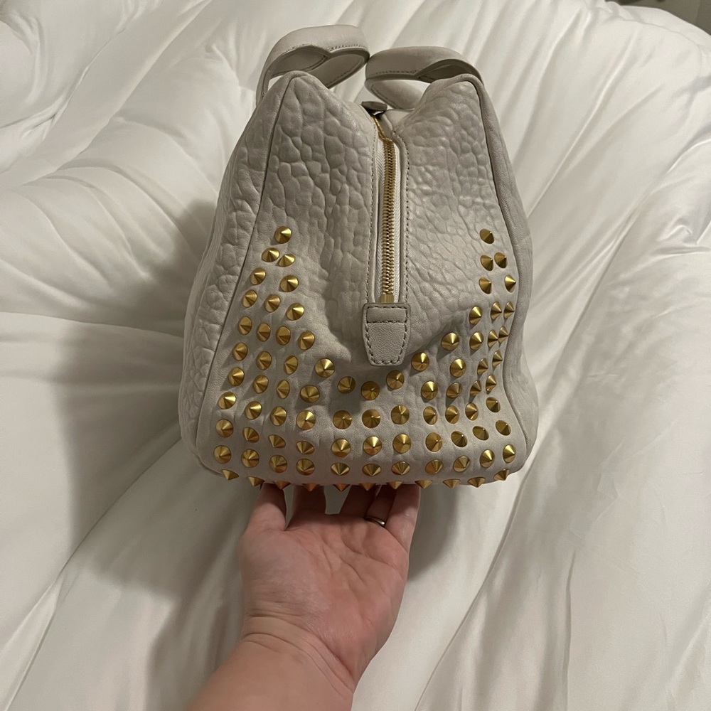 MCM Pebbled Cream Leather Satchel with Gold Stud Accents - Picture 3 of 16